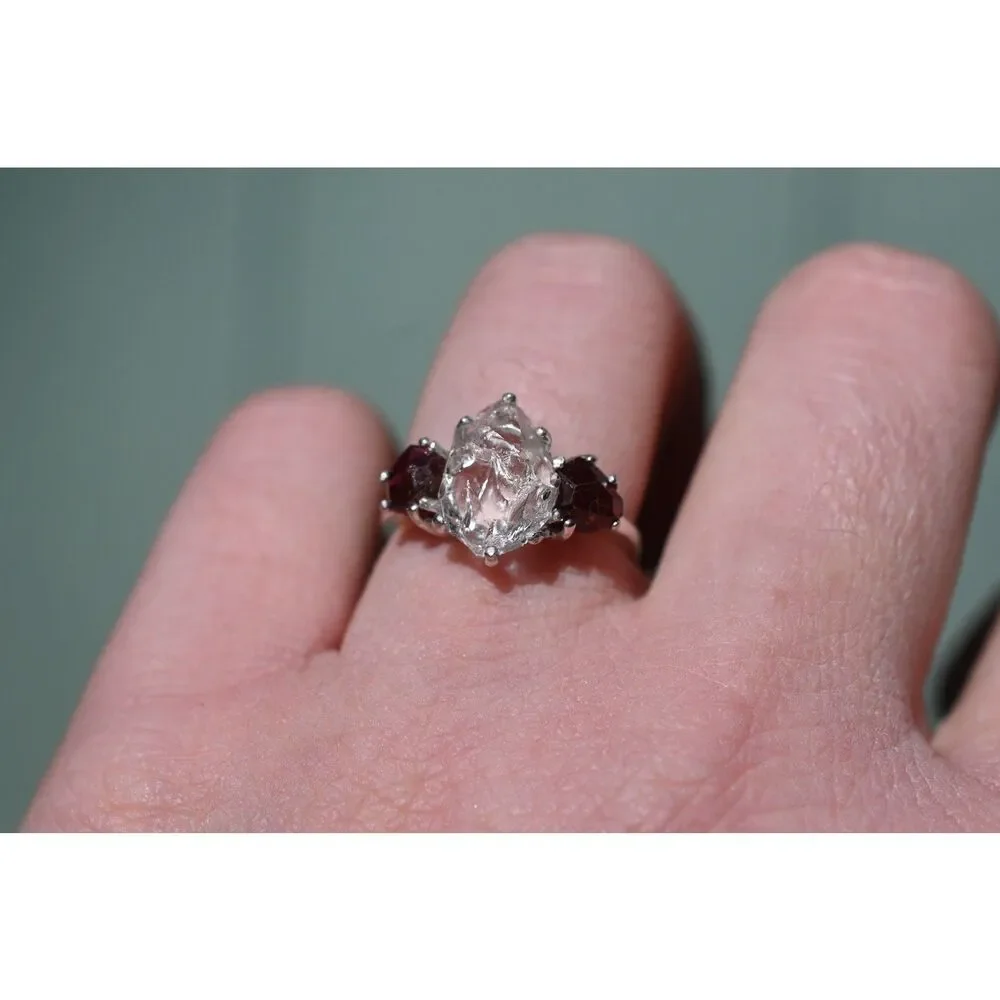 Garnet and Lake county diamond ring, anniversary ring, raw stone rings